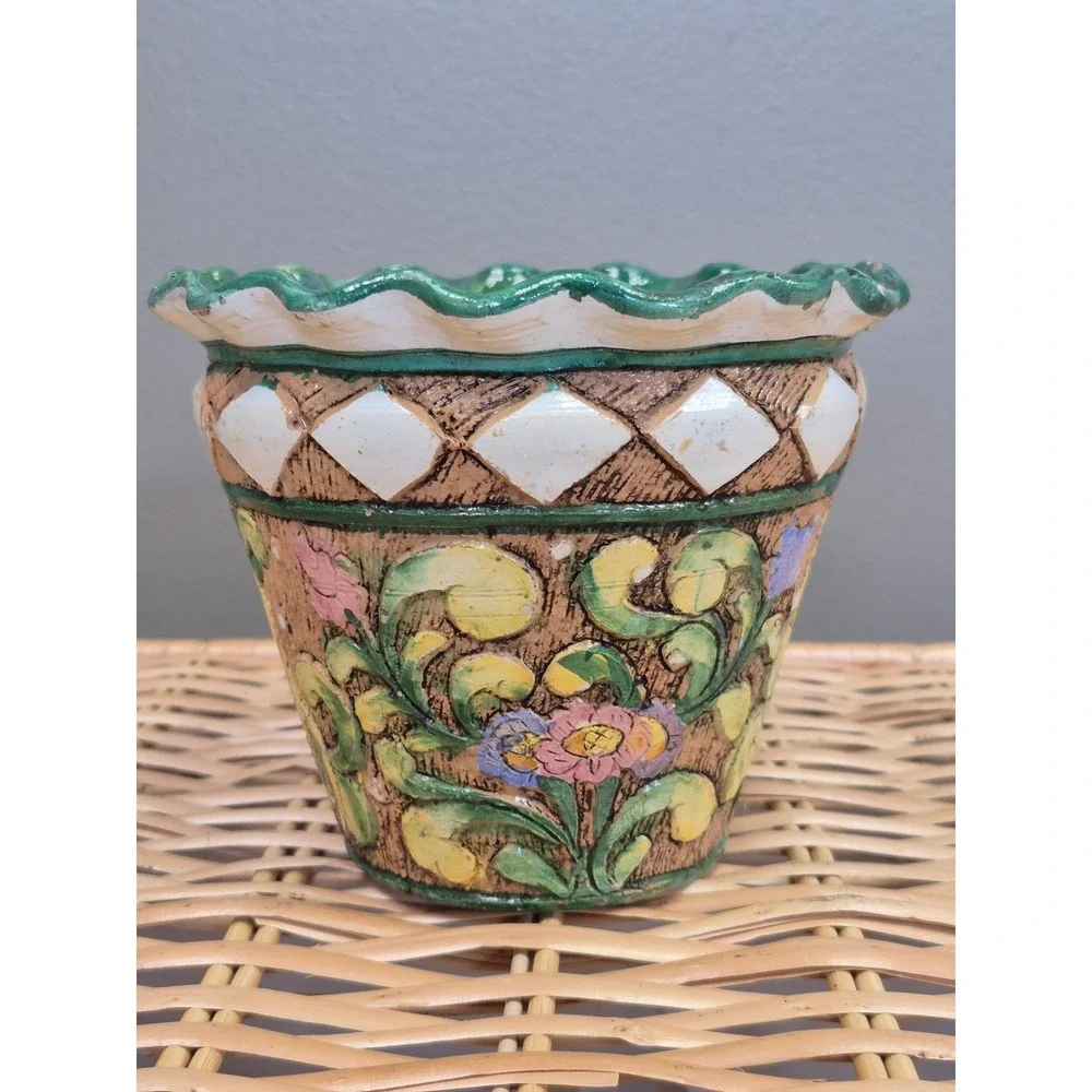 Meran Italy Vintage Ceramic Planter Hand Painted Horse Floral Scalloped Cachepot